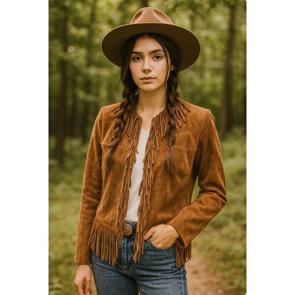 VTG Brown Suede Leather Fringe Western Boho Jacket Coat Siena Studio M Excellent - Picture 3 of 13